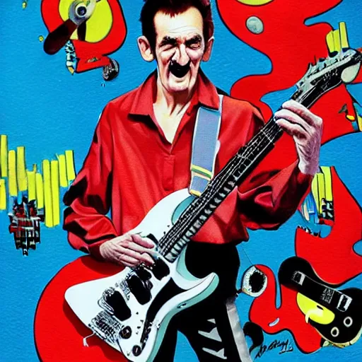 Image similar to Barry Chuckle Shredding on an electric guitar in the style of Jason Edmiston