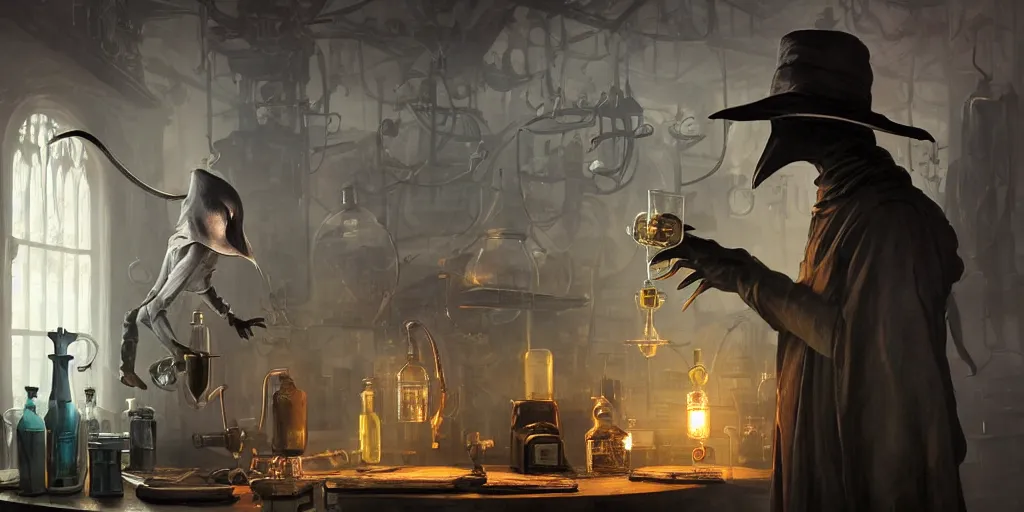 Image similar to a plague doctor and a humanoid rat in a laboratory with lots of flasks filled with magic liquids, stephen bliss, unreal engine, fantasy art by greg rutkowski, loish, rhads, ferdinand knab, ilya kuvshinov, rossdraws, tom bagshaw, global illumination, radiant soft light, detailed and intricate environment