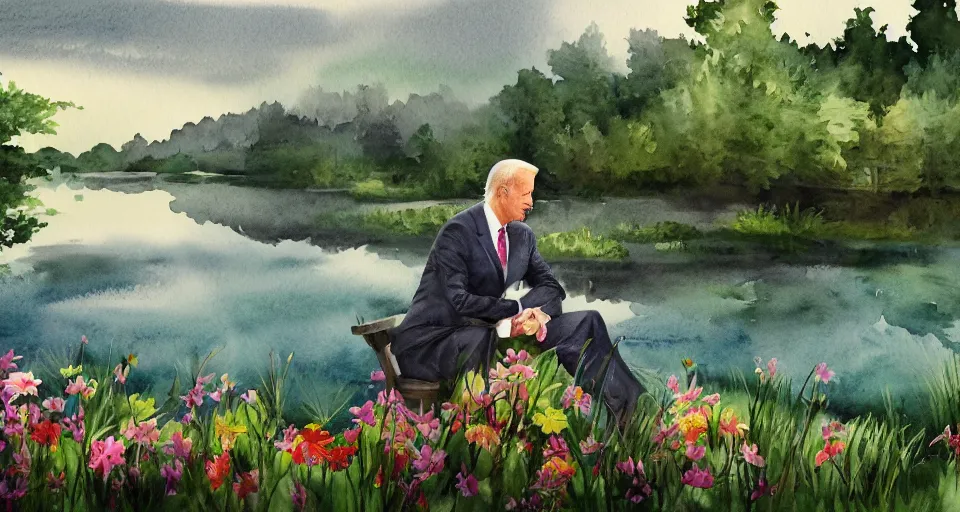 Image similar to watercolor painting of flowers by the lake, forest in the background, dramatic lighting, peaceful, joseph biden sitting