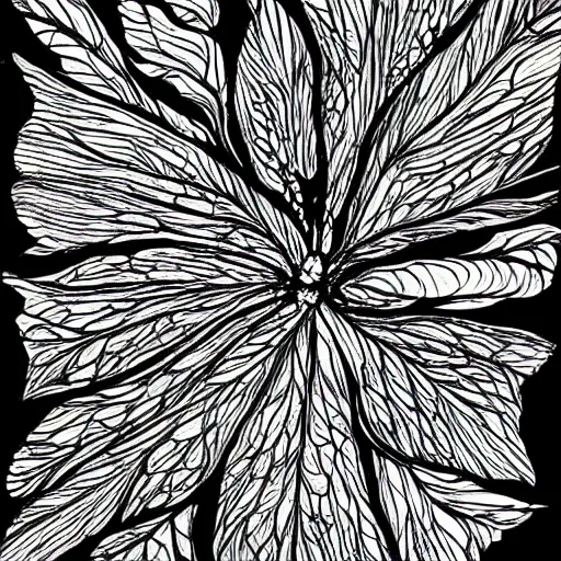 Image similar to fly, black and white, botanical illustration, black ink on white paper, bold lines