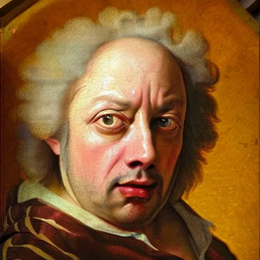 Image similar to A 17th century Baroque Painting of Gene Ween, grainy, realistic, hyperrealistic, very realistic, very very realistic, highly detailed, very detailed, extremely detailed, detailed, digital art, trending on artstation, detailed face, very detailed face, very detailed face, realism, HD Quality, 8k resolution, intricate details, body and head in frame, painting, oil painting, trending on deviantart, Baroque Painting