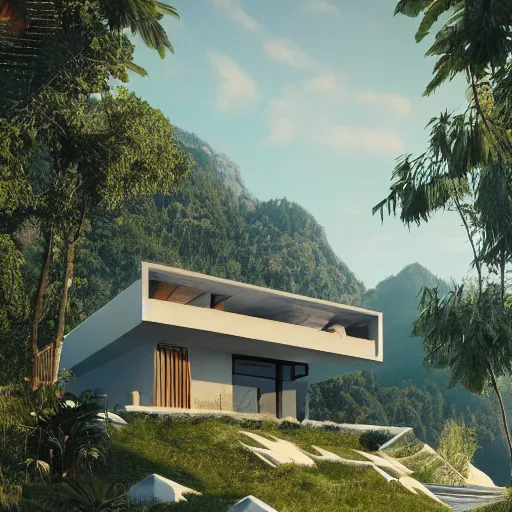 Image similar to modern villa inspired by a rooster, ultra detailed, matte painting, overlooking a valley, big trees, clouds, dramatic lighting, artstation, matte painting, raphael lacoste, simon stalenhag, frank lloyd wright, drone view