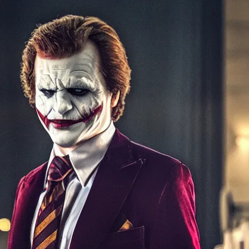 Prompt: a movie still of Ron Burgundy as The Joker in the new movie Batman