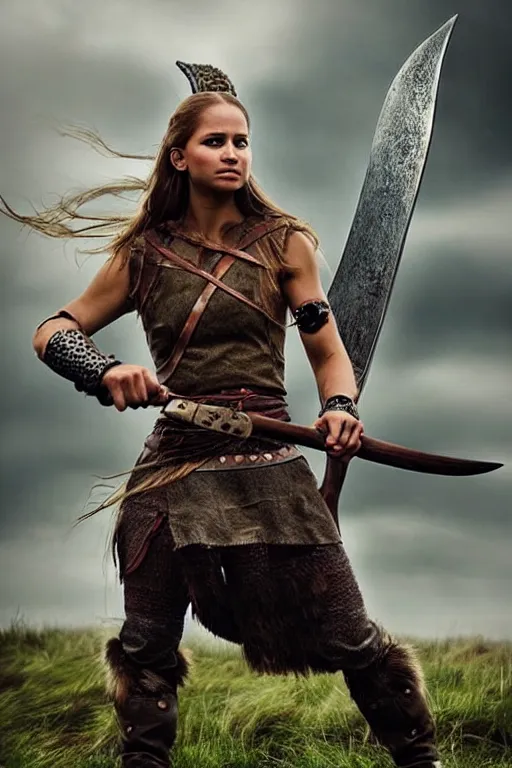 Image similar to gorgeous!! hyper - realistic woman resembling alicia vikander as a viking warrior wielding a giant axe