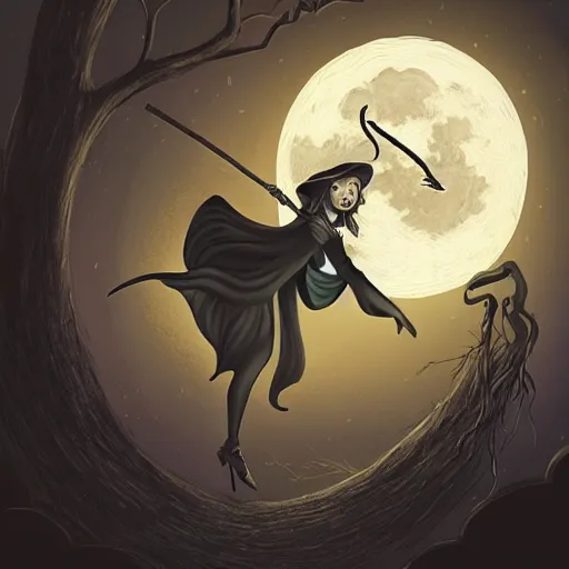 Prompt: A witch flying on a broomstick in front of a full moon, Halloween, digital painting, horror, dark, spooky, moody, artstation, pixiv, by Ekaterina Savic and Barret Frymire