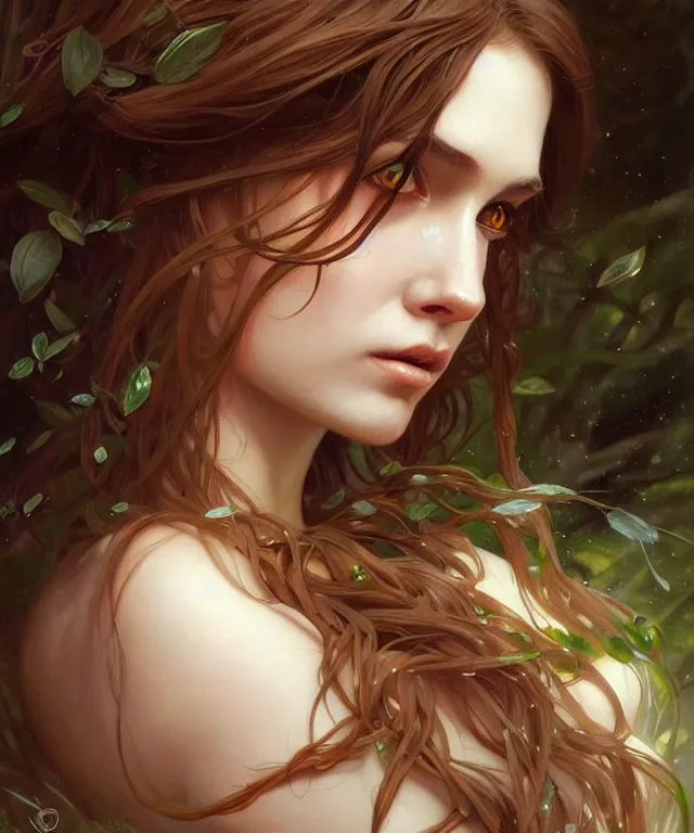 Image similar to Forest nymph woman portrait, amber eyes, face, long hair, fantasy, intricate, elegant, highly detailed, digital painting, artstation, concept art, smooth, sharp focus, illustration, art by artgerm and greg rutkowski and alphonse mucha