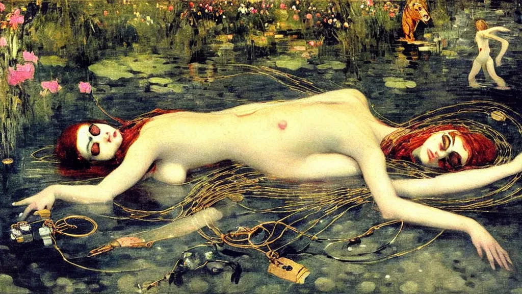 Prompt: prompt: beautiful girl sleeping in the lake with shining face painted by Valentin Serov, nymph in the water performing alchemy, cyborg and robot broken lying around the nymphs, small tiger statue flowers and cables and wire around, artifacts and ancient book, intricate oil painting, high detail, Neo-expressionism