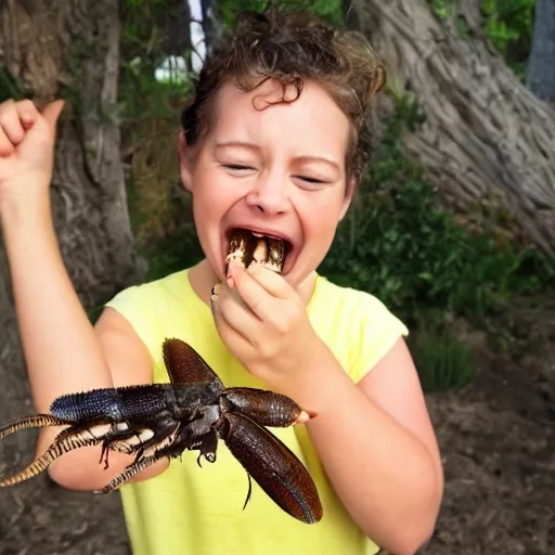 Image similar to portrait of very happy Rhianna eating gigantic bugs,