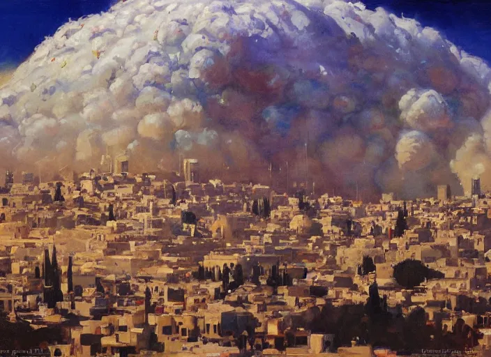 Prompt: a highly detailed beautiful portrait of jerusalem under attack by aliens, by gregory manchess, james gurney, james jean