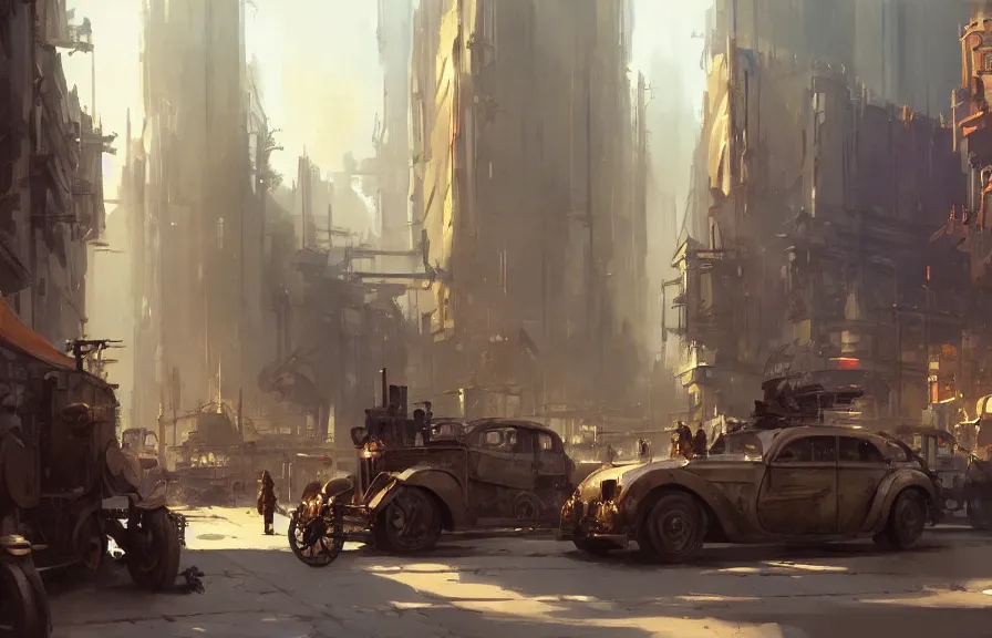 Prompt: greg manchess concept art of a dieselpunk city, key visual, ambient lighting, highly detailed, digital painting, artstation, concept art, sharp focus, by makoto shinkai and akihiko yoshida and hidari and wlop and greg rutkowski