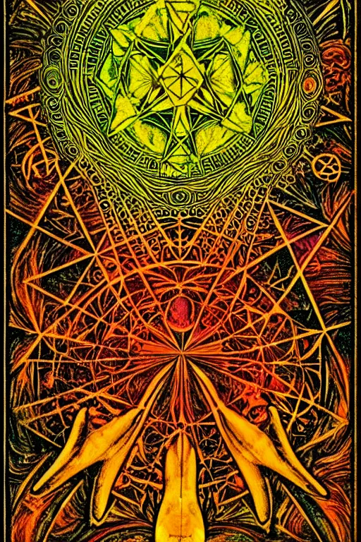 Prompt: a template of a tarot card, psychedelic, lsd, old, paper texture, da vinci code, sacred geometry, mushrooms,