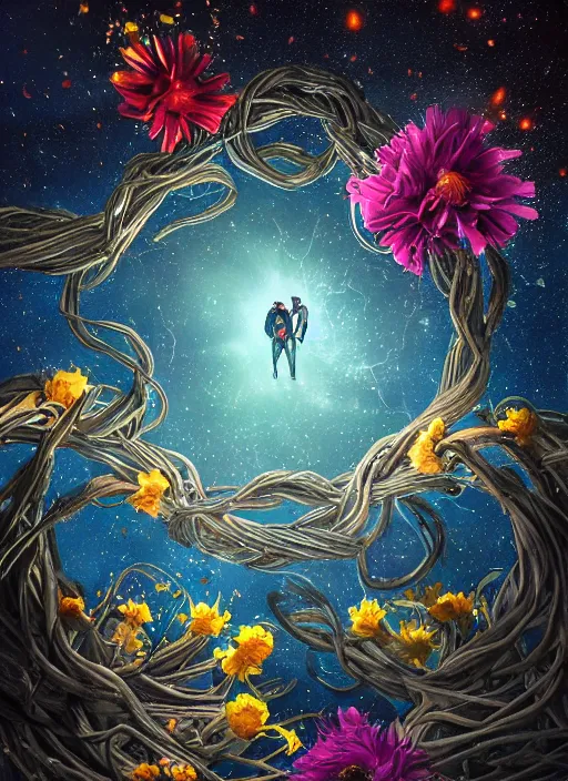 Image similar to An epic fantastic realism comic book style painting of the most beautiful entwined flowers launched across the dark and starry night sky, nebulous bouquets, fisheye lens, unreal 5, DAZ, hyperrealistic, octane render, dynamic lighting