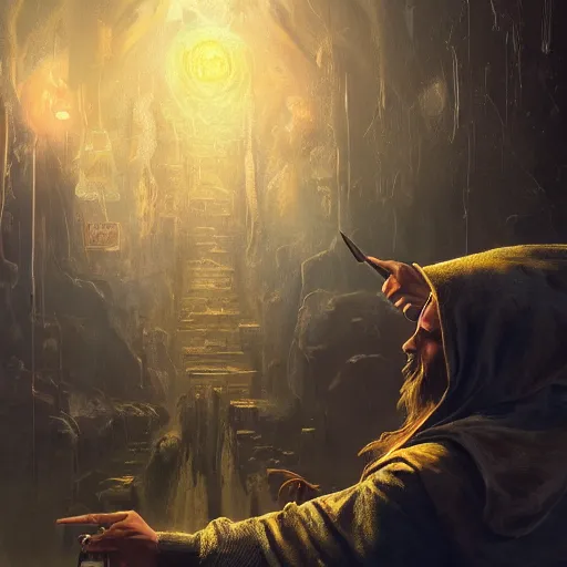 Prompt: an epic painting of the wizard in the hood, making hand passes to create new worlds, dark, mystic, neon lights, oil on canvas, perfect composition, golden ratio, beautiful detailed, photorealistic, digital painting, concept art, smooth, sharp focus, illustration, fantasy background, artstation trending, octane render, unreal engine