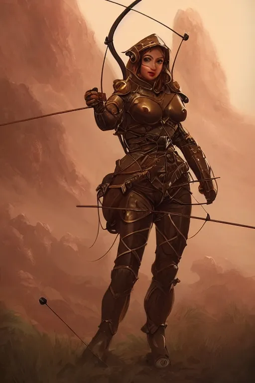 Prompt: Female forest archer, retro-futuristic armor, beautiful detailed face, brown armor, DND, D&D, matte painting, retro futurism, artstation