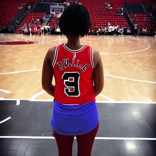 Image similar to woman on a basketball court in a chicago bulls jersey