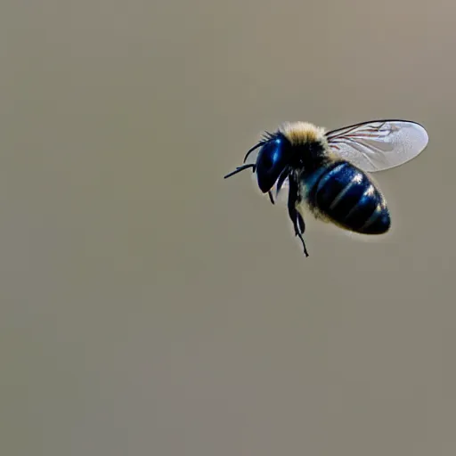 Image similar to side view of a bullet shot frozen in mid-air in the air. Rectangular bullet. Blue sky blurry background. Plus add a Bee flying next to l the bullet. Slow motion.