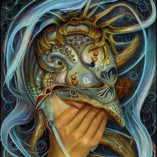 Image similar to detailed and sharp portrait of piscesthe fishes artistic zodiac artwork, mystic style, detailed, 8 k, detailed, symmetrical, by brian froud