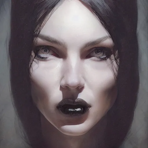 Image similar to Face of a beautiful woman with very black hair, intimidating woman, large black eyes, high forehead, smooth pale skin, ethereal skin, ominous, eldritch. oil painting by nuri iyem, james gurney, james jean, greg rutkowski, highly detailed, soft lighting, chiaroscuro