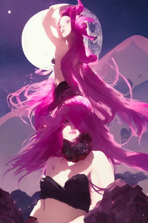 Image similar to A beautiful woman with magenta hair covering an eye basking in the moonlight on a bed of obsidian crystals below planets, tall tree, cinematic lighting, dramatic atmosphere, by Dustin Nguyen, Akihiko Yoshida, Greg Tocchini, Greg Rutkowski, Cliff Chiang, 4k resolution, trending on artstation