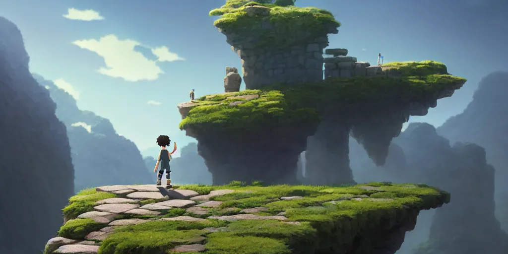 Image similar to a small boy walking over big stone blocks, just over the precipice, studio ghibli, pixar and disney animation, sharp, rendered in unreal engine 5, anime key art by greg rutkowski, bloom, dramatic lighting