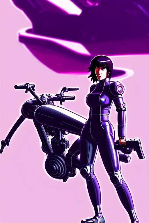 Image similar to a fullbody pose of motoko kusanagi riding futuristic motorbike, the major ghost in the shell : : stand alone complex, the laughing man, netflix : : by ilya kuvshinov, rossdraws, artgerm, sola digital arts, anti aliasing, raytracing : :