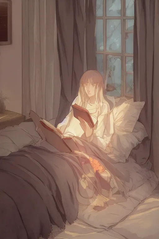 Prompt: a teenage girl in a jk uniform outfit in the bedroom reading a book in a night, raining outside the window, grey and orange theme ， wavy white long hair, by krenz cushart and mucha and akihito yoshida and greg rutkowski and makoto shinkai, detailed eyes, 4 k resolution