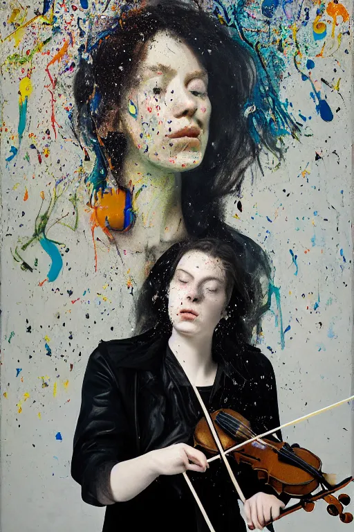 Prompt: portrait of a young violinist focusing and violin hanging in air painted by vincent lefevre and hernan bas and tracey emin and pat steir and hilma af klint, psychological, symmetrical face, dripping paint, washy brush, background with hundreds of bubbles by andreas gursky, rendered in octane, altermodern, masterpiece