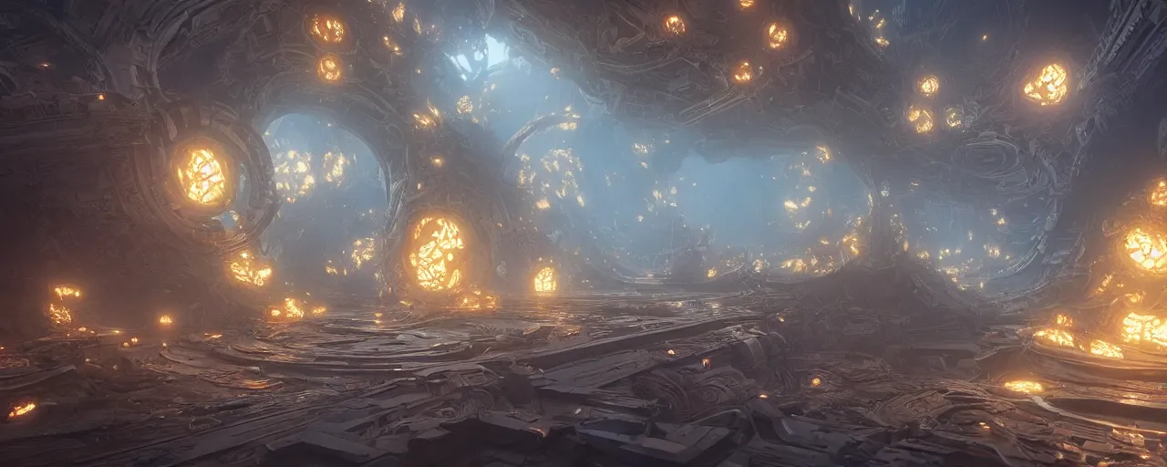 Image similar to infinite fractals a world which rebuilds itself and destroys when needed 8 k uhd, unreal engine, octane render in the artstyle of finnian macmanus, john park and greg rutkowski