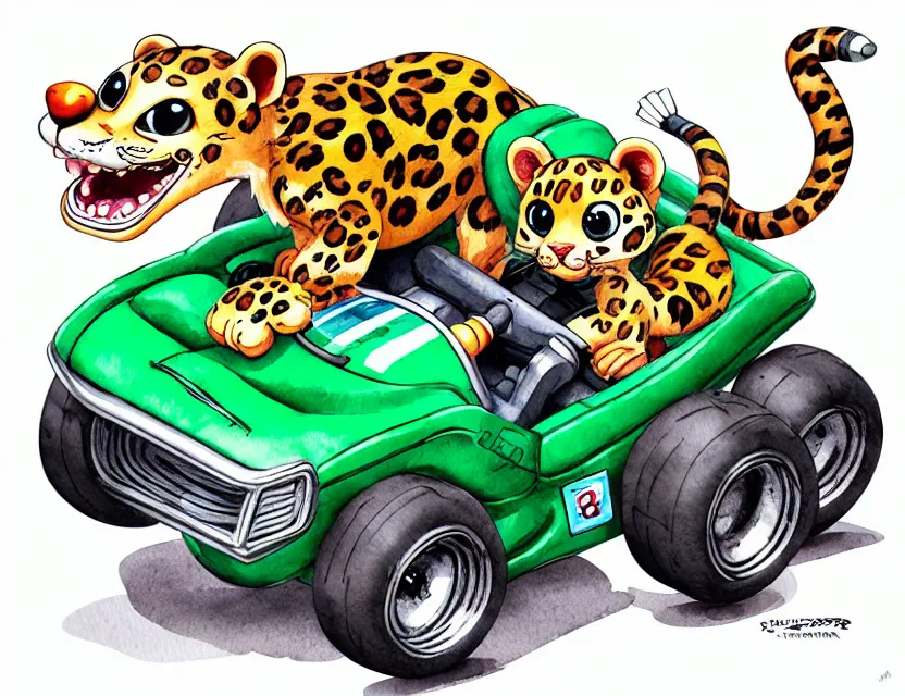 Image similar to cute and funny, baby leopard riding in a tiny go kart with oversized engine, ratfink style by ed roth, centered award winning watercolor pen illustration, isometric illustration by chihiro iwasaki, edited by range murata, tiny details by artgerm and watercolor girl, symmetrically isometrically centered