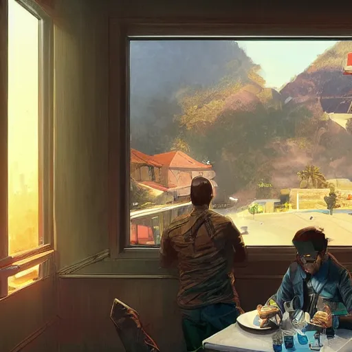 Image similar to A US marine eating colouring crayons in a posh restaurant as a grand theft auto 5 loading screen, art by Andreas Rocha and greg rutkowski, highly detailed, digital painting, matte painting, concept art, illustration, dim lighting, trending on artstation, very detailed