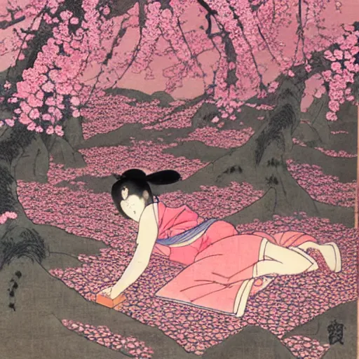 Prompt: japanese edo period woodblock print of a girl laying underneath pink blossoming cherry trees in the background, art by greg rutkowski and yoji shinkawa and akira toriyama