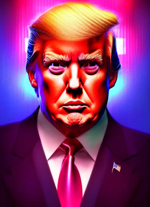 Image similar to portrait of donald trump cyber humanoid, intricate, elegant, cyber neon lights, highly detailed, digital painting, artstation, glamor pose, concept art, smooth, sharp focus, illustration, art by artgerm and greg rutkowski