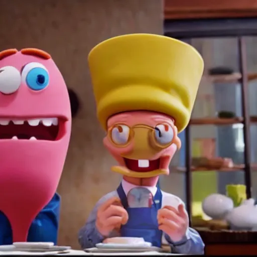 Image similar to film still of an anthropomorphic squid who is the boss of a restaurant, greeting an anthropomorphic sponge man who is a cook in the kitchen