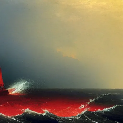 Image similar to bloody ocean, rusted iron ship sinking in red blood ocean, by Ivan Aivazovsky, junji ito, hd 8k