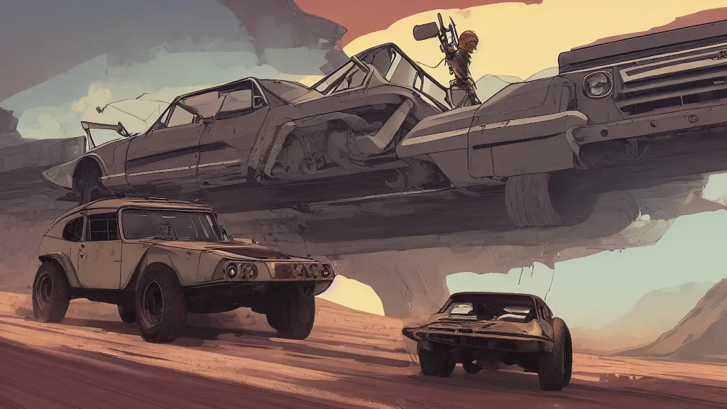 Image similar to digital illustration of mad max's fj 4 0 pursuit special, the last v 8 interceptor driving down a deserted cyberpunk highway in the middle of the day by studio ghibli, anime style year 2 0 9 3, by makoto shinkai, ilya kuvshinov, lois van baarle, rossdraws, basquiat