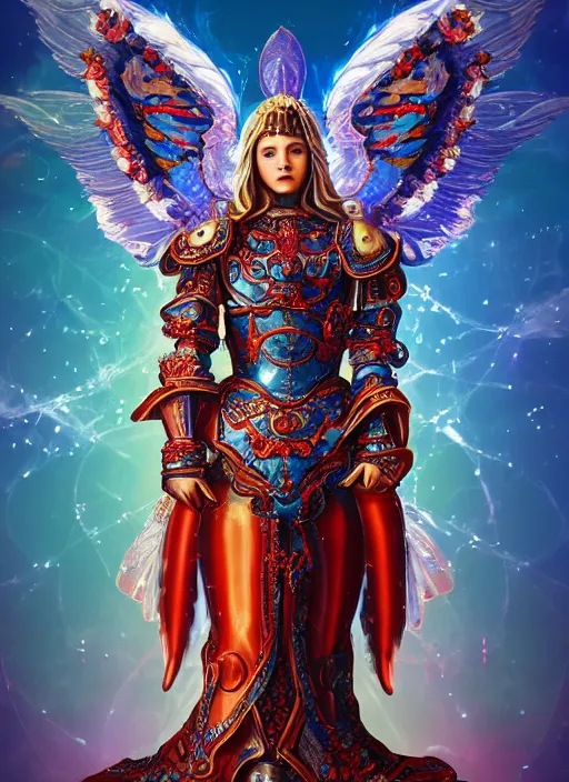 Prompt: renaissance style painting of full plate armor of crimson metal with azure blue lining and ruby studded worn by harsh amethyst coloured skinned angel with glowing glass wings, magic, enchanted, intricate, crystal, background desert, dusty, soft light, 8 k, artstation trending, masterwork