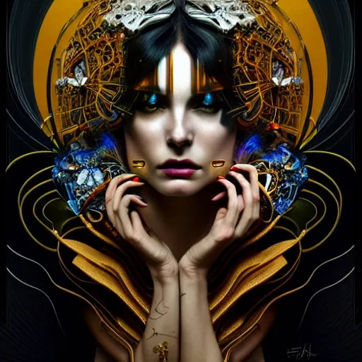 Image similar to extremely psychedelic beautiful cyborg queen of lsd infected by night. intricate, elegant, highly detailed, extremely lifelike photorealistic digital painting, artstation. steichen, gaston bussiere, tom bagshaw, cyberpunk alphonse mucha. elegant minimalism. anatomically correct. sultry rage. sharp focus. gold and black, white accents. lifelike