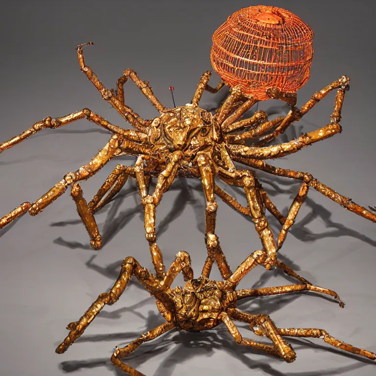 Prompt: hyperrealistic sculpture of a bronze fossilized spider crab in a cage made of colorful plastic wire on a pedestal by ron mueck and duane hanson and lee bontecou, hyperrealistic dramatic colored lighting trending on artstation 8 k