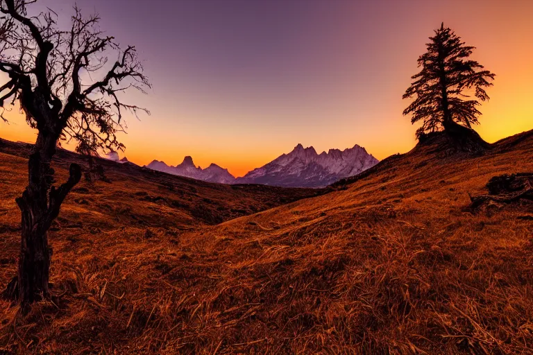 Image similar to A beautiful landscape photography of Ciucas mountains mountains, a dead intricate tree in the foreground, sunset, dramatic lighting by Anselm Adams and Albrecht Durer,