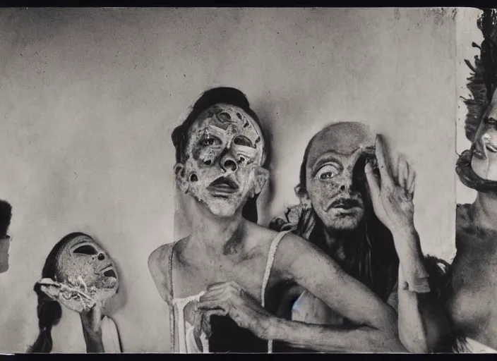 Image similar to polaroid still from an art house film by alejandro jodorowsky, roger ballen and maya deren : : surreal scene in a picturesque setting : : mirrors, masks, costumes : : close - up of the actors'faces : : cinemascope, technicolor, 4 k