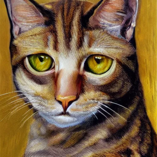 Image similar to high quality high detail painting by lucian freud, hd, brown cat with yellow eyes