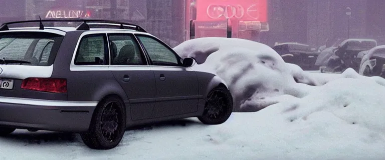 Image similar to Audi A4 B6 Avant (2002), a gritty neo-noir, dramatic lighting, cinematic, eerie person, death, homicide, homicide in the snow, gunshots, establishing shot, extremely high detail, photorealistic, cinematic lighting, artstation, by simon stalenhag, Max Payne (PC) (2001) winter New York at night, In the style of Max Payne 1 graphic novel, flashing lights, Poets of the Fall - Late Goodbye