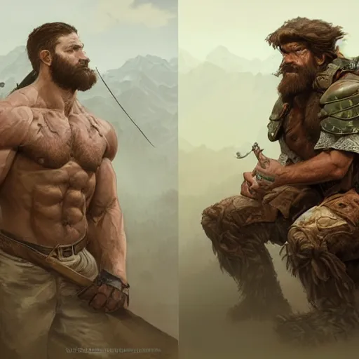 Image similar to portrait of a rugged ranger, muscular, upper body, hairy torso, d & d, fantasy, intricate, elegant, highly detailed, digital painting, artstation, concept art, smooth, sharp focus, illustration, art by artgerm and greg rutkowski and alphonse mucha