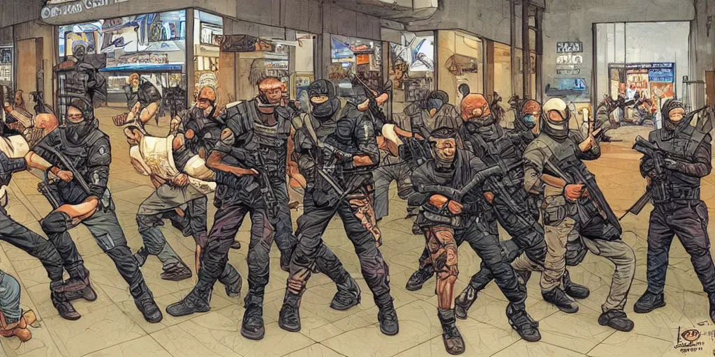 Prompt: Mall cops vs ninja assassins. Epic painting by James Gurney and Laurie Greasley.