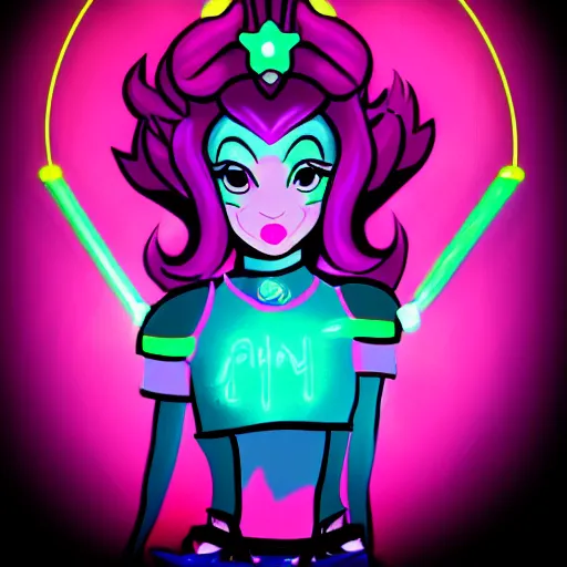 Prompt: Princess peach mixed with jinx from league of legends with neon lighting, trending on artstation