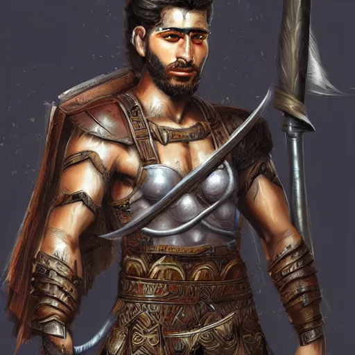 Image similar to kurdish male warrior, highly detailed, digital painting, artstation, concept art, sharp focus, illustration, incredibly strong and handsome