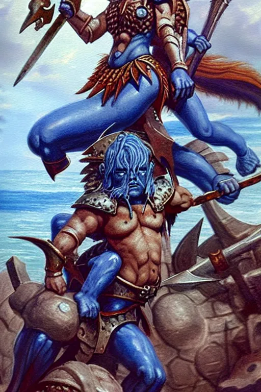 Image similar to a small blue-skinned triton girl wearing scale armor riding on a the shoulders of a large male goliath wearing fur and leather armor, dnd concept art, painting by Jeff Easley