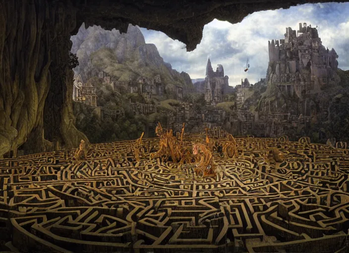 Image similar to jim henson's labyrinth an impossible maze filled with twisted turns a goblin city and a castle looming in the background by edgar maxence and caravaggio and michael whelan and delacroix style, artistic, intricate painting, cinematic lighting, hyper realistic, extremely detailed, establishing shot, 8 k resolution, dramatic lighting