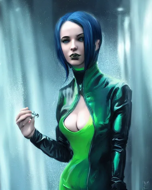 Image similar to Portrait of a futuristic rogue by Charlie Bowater, latex dress, gothic, short blue hair, complementary rim lights, backlit, posing, The Matrix, rain