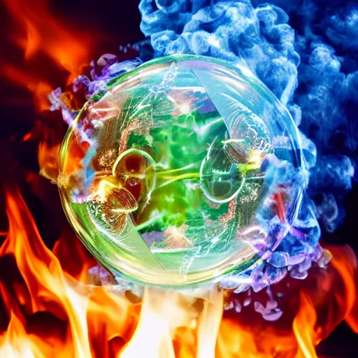 Prompt: soap bubble covered in fire flames, centered